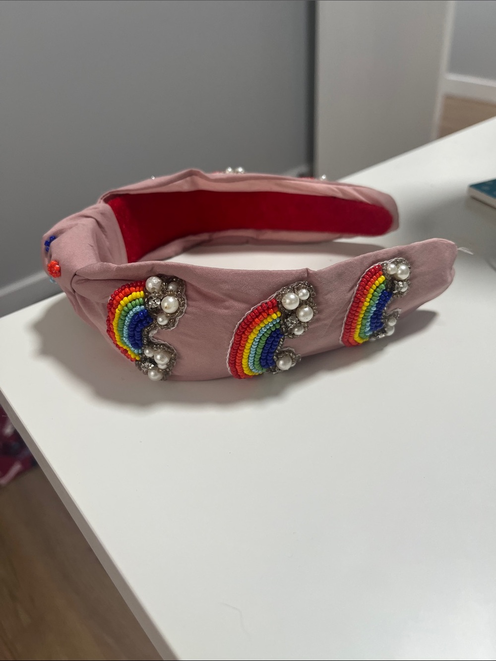 Pink Headband with Rainbow Bead Embellishments